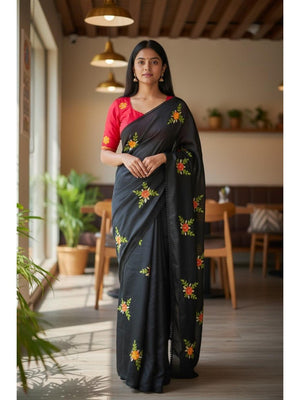 Black Viscose Saree with Floral Embroidery and Pink Blouse - Image 1