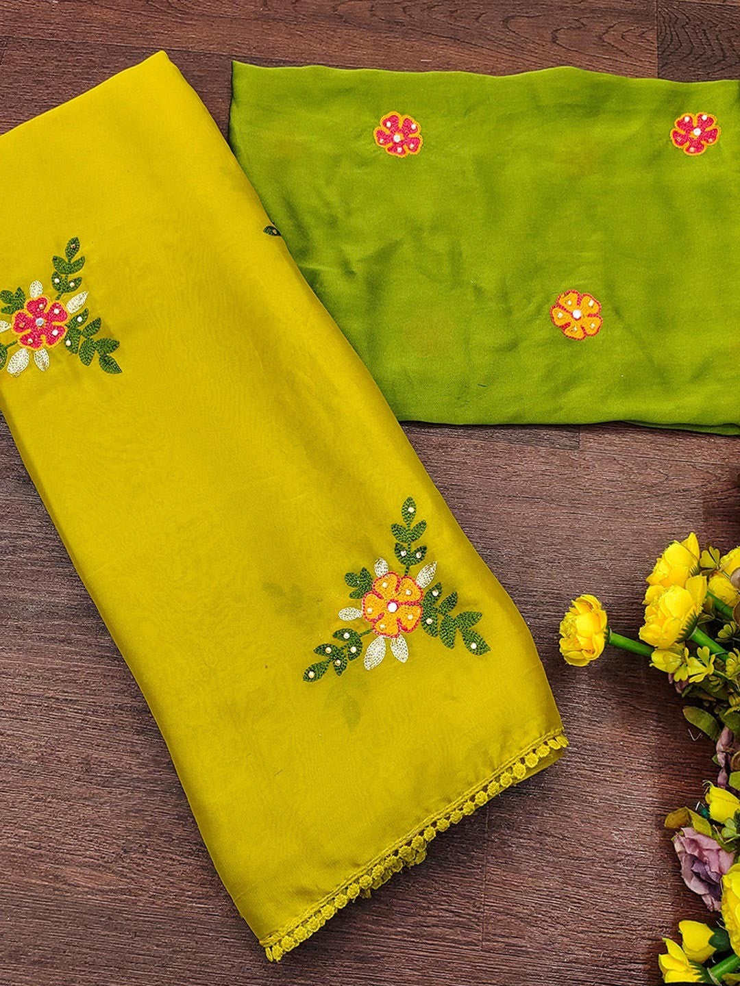 Mustard Viscose Saree with Floral Embroidery and Green Blouse - Image 3
