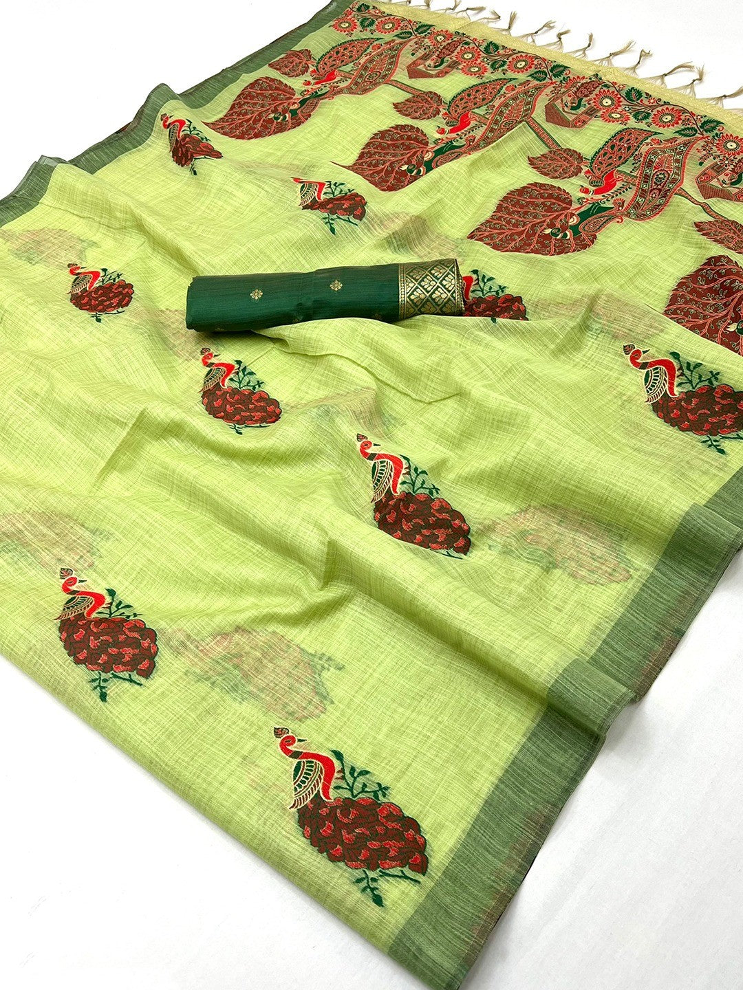 Designer Green Cotton Blend Saree with Heritage Inspired Peacock Weaving Work - Image 2
