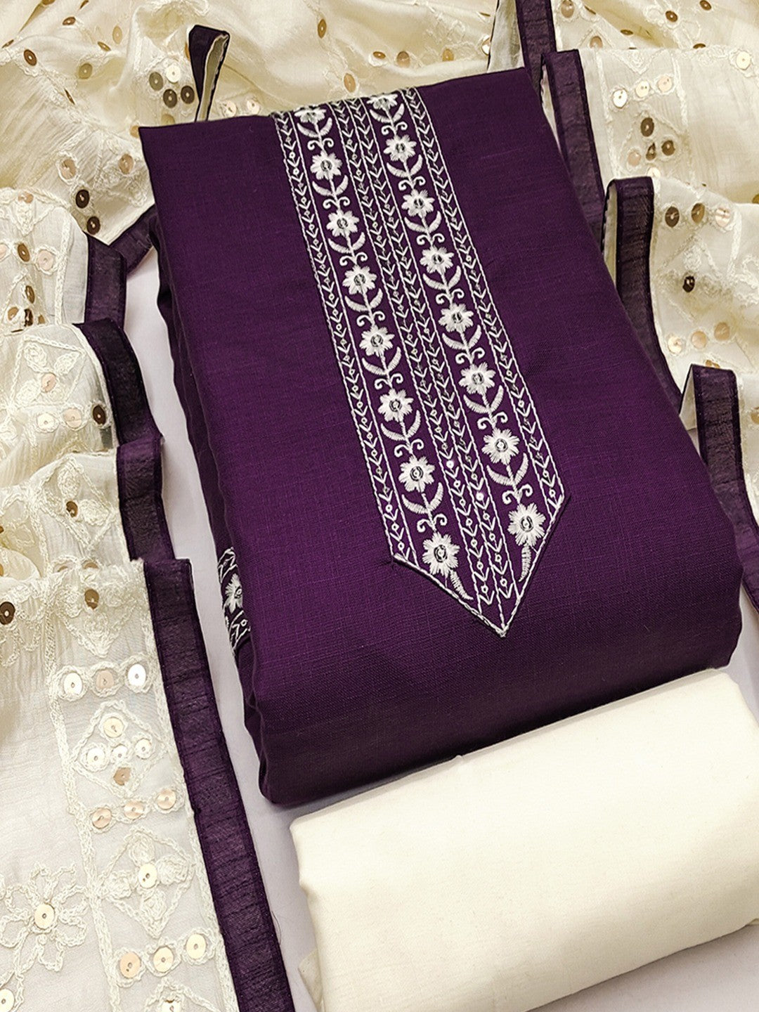 Elegant Purple Cotton Blend Dress Material Adorned With Floral Embroidery & Delicate Sequins Work - Image 4