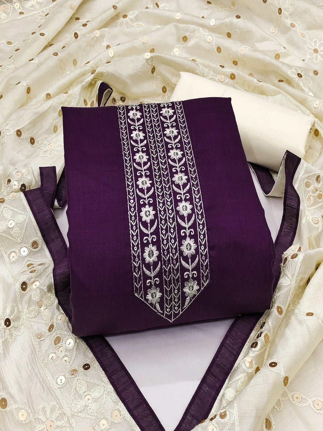 Elegant Purple Cotton Blend Dress Material Adorned With Floral Embroidery & Delicate Sequins Work - Image 3