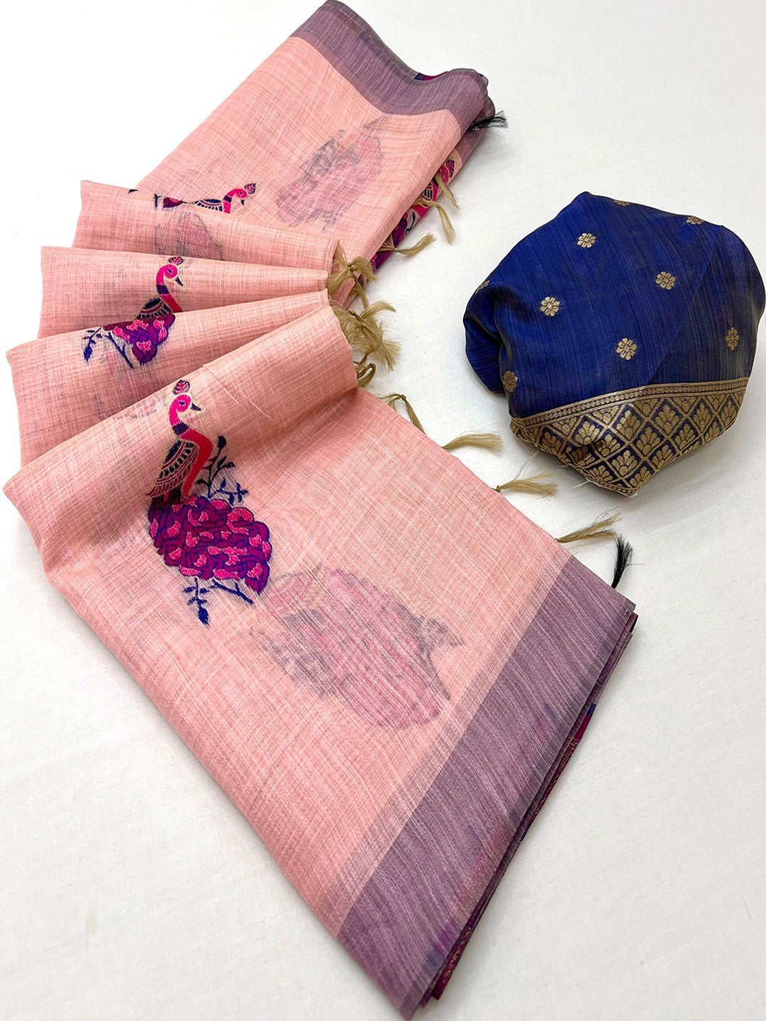 Designer Peach Cotton Blend Saree with Heritage Inspired Peacock Weaving Work - Image 3