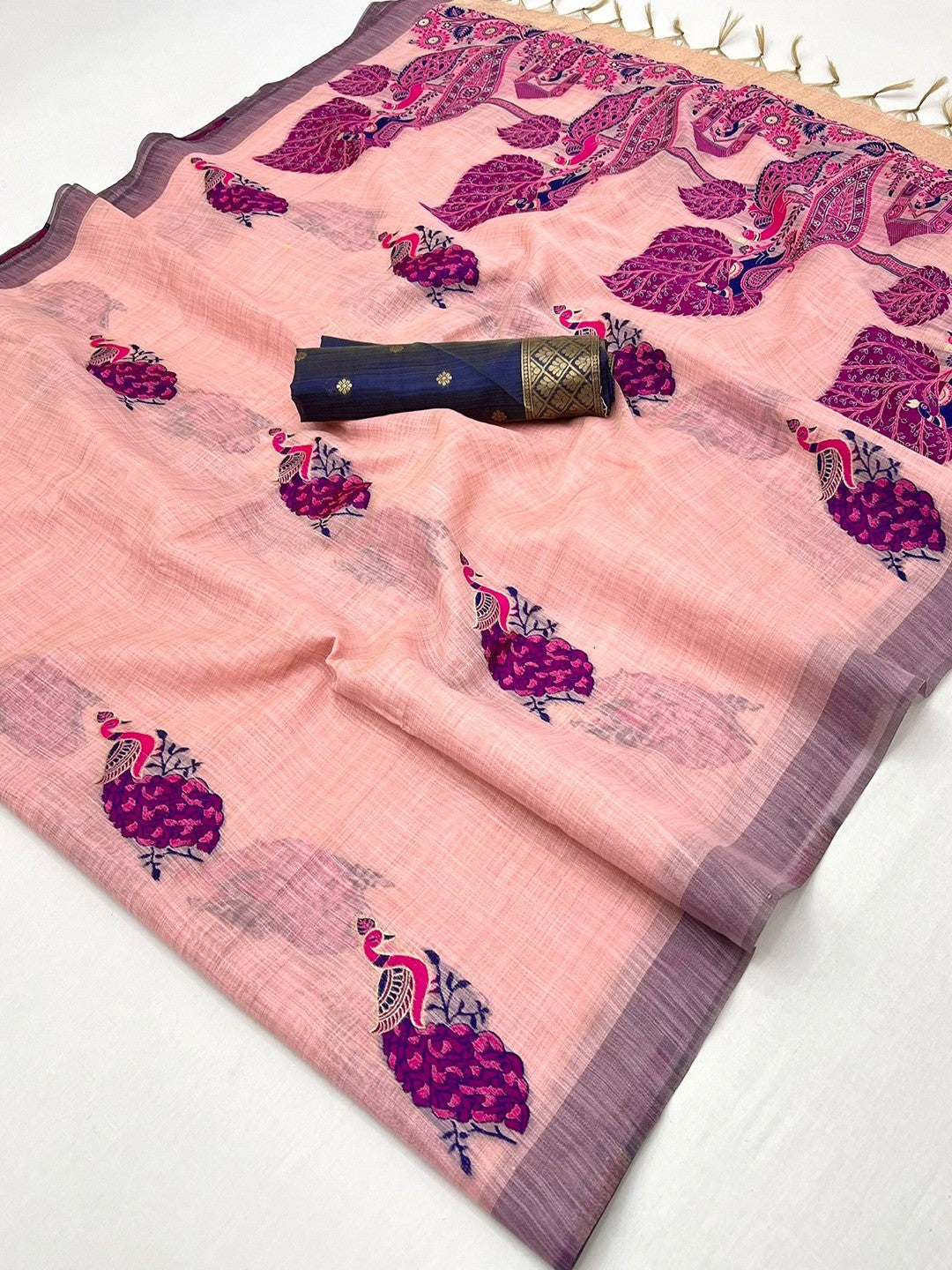 Designer Peach Cotton Blend Saree with Heritage Inspired Peacock Weaving Work - Image 2