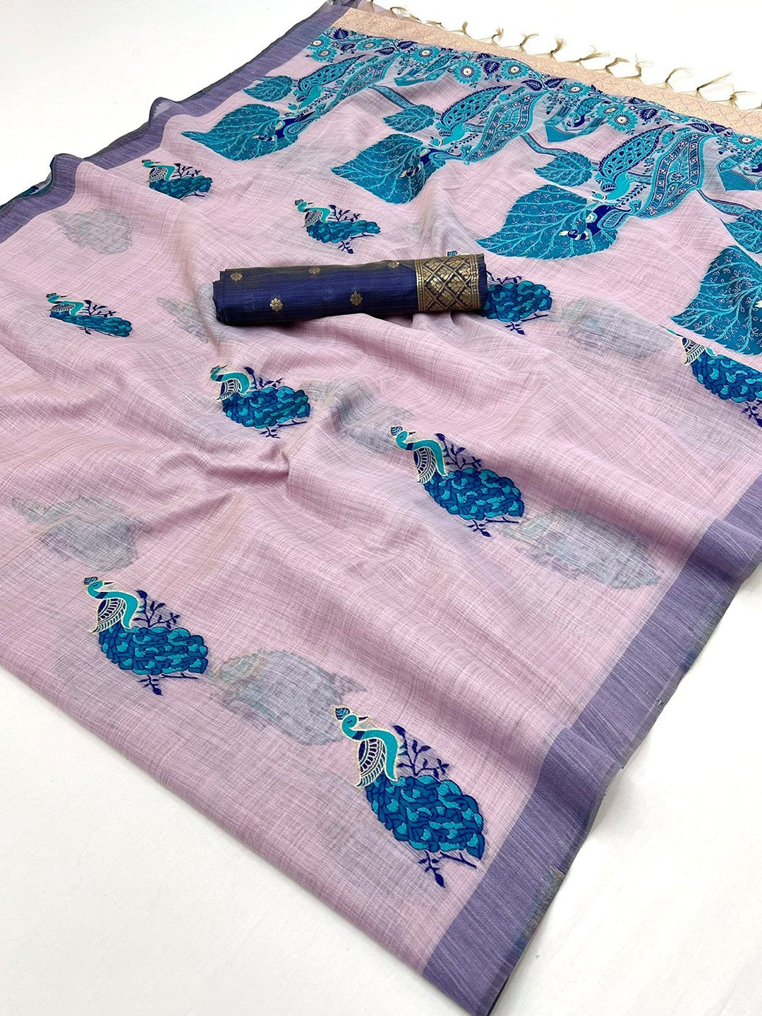 Designer Lavender Cotton Blend Saree with Heritage Inspired Peacock Weaving Work - Image 2