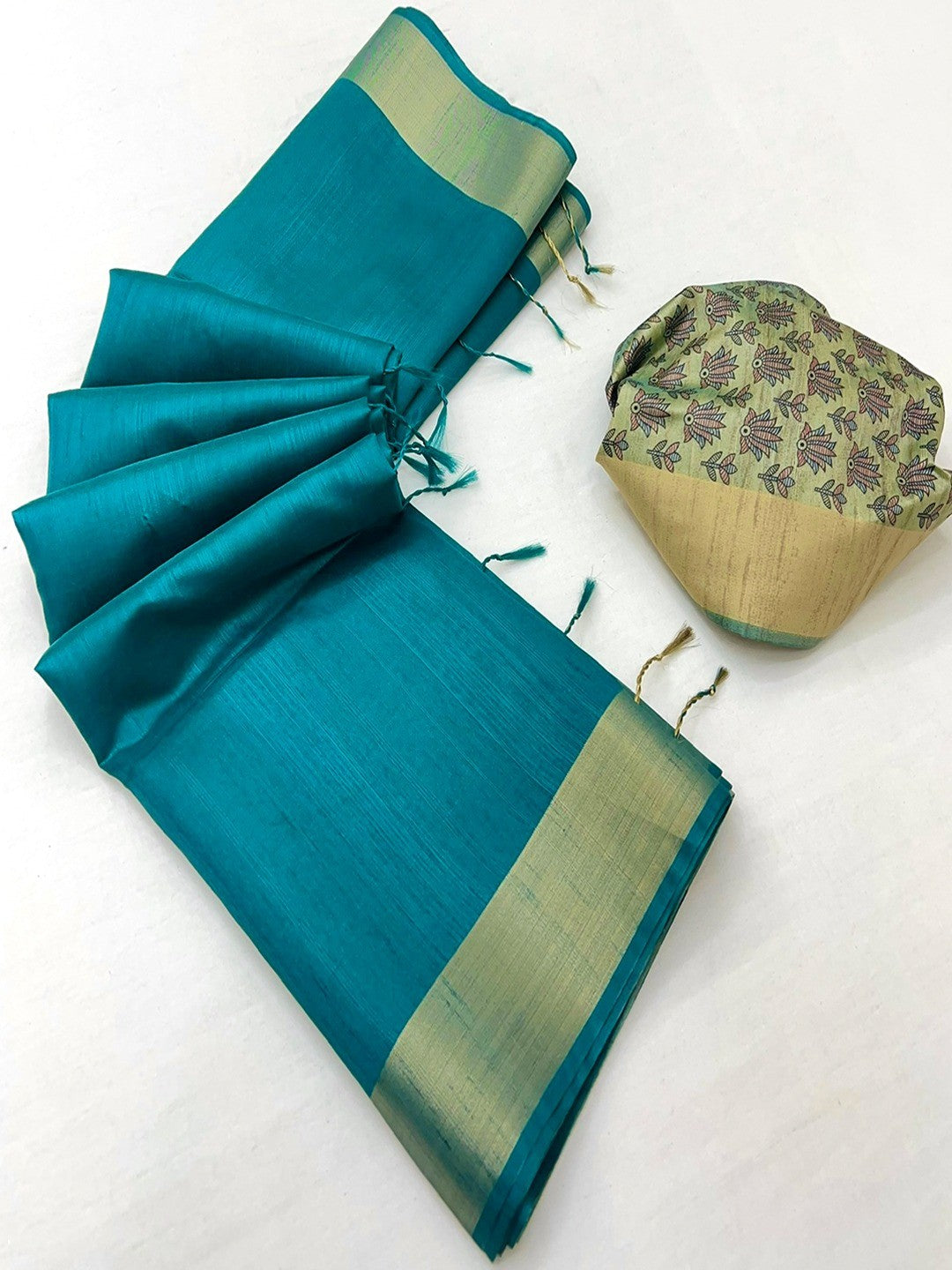 Elegant Teal Tussar Silk Saree with Golden Border - Image 2