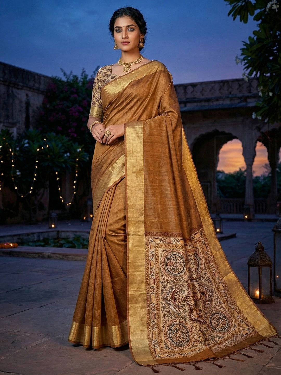 Elegant Brown Tussar Silk Saree with Golden Border - Image 1