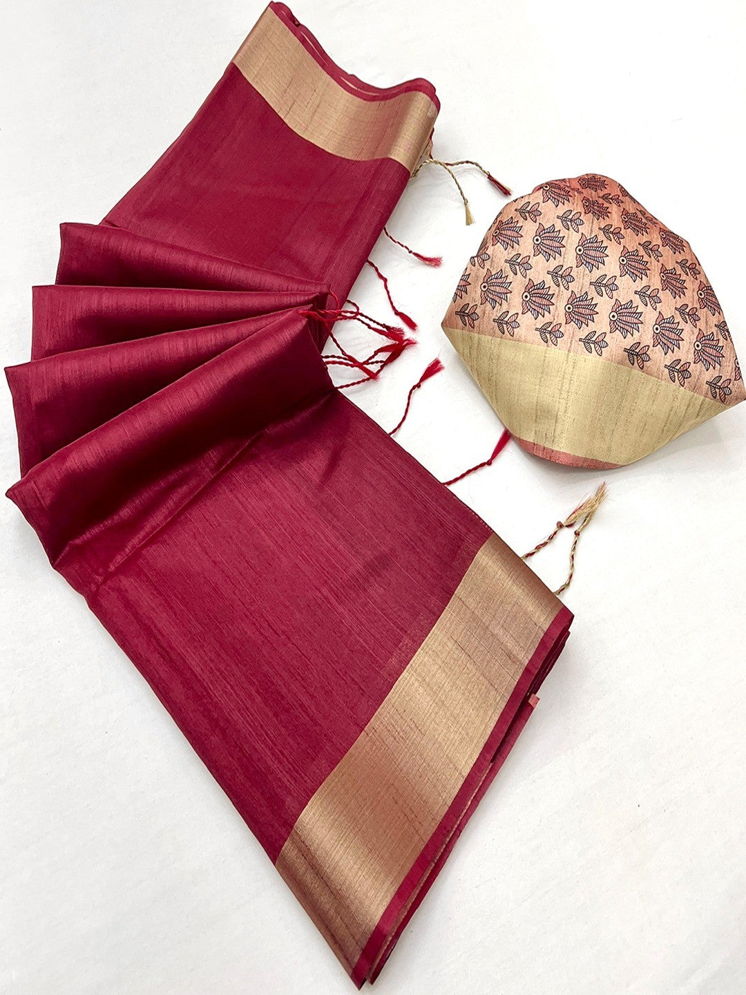 Elegant Maroon Tussar Silk Saree with Golden Border - Image 3
