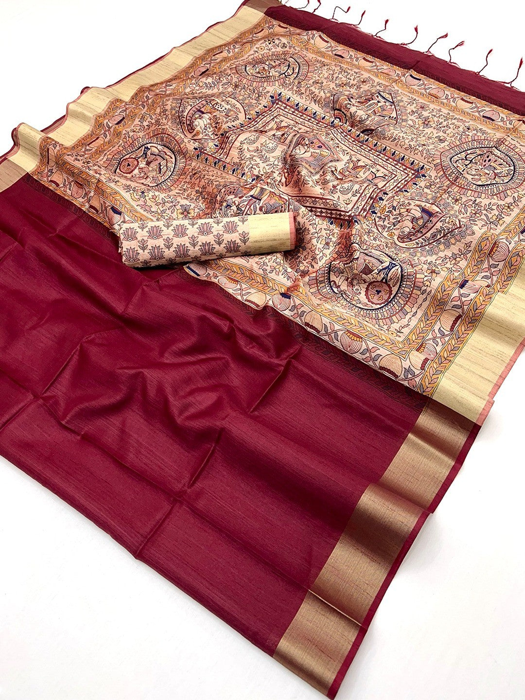 Elegant Maroon Tussar Silk Saree with Golden Border - Image 2