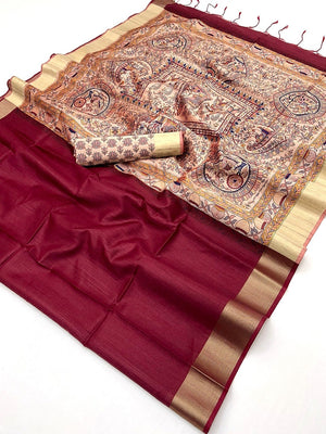 Elegant Maroon Tussar Silk Saree with Golden Border - Image 2