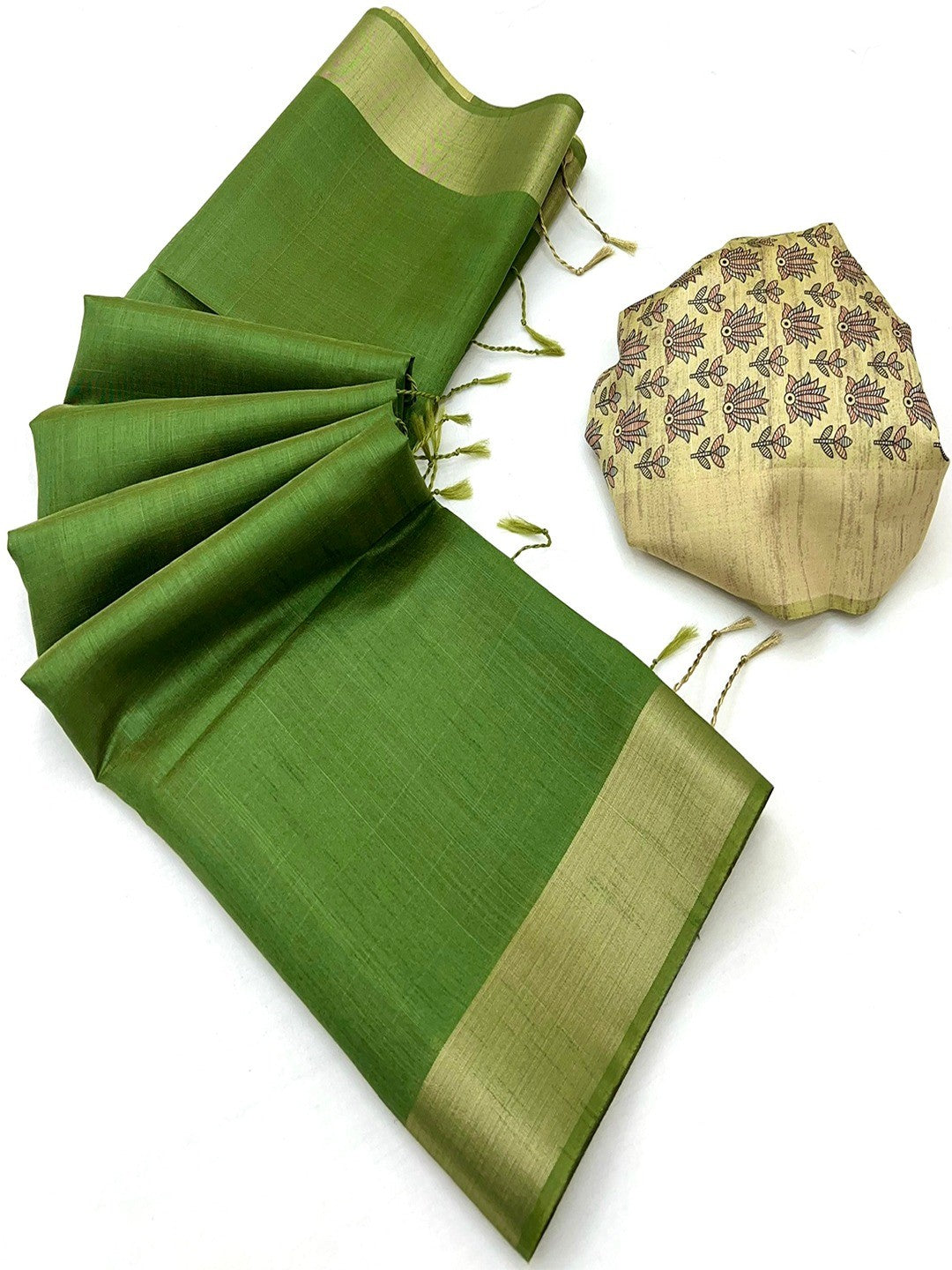 Elegant Green Tussar Silk Saree with Golden Border - Image 3