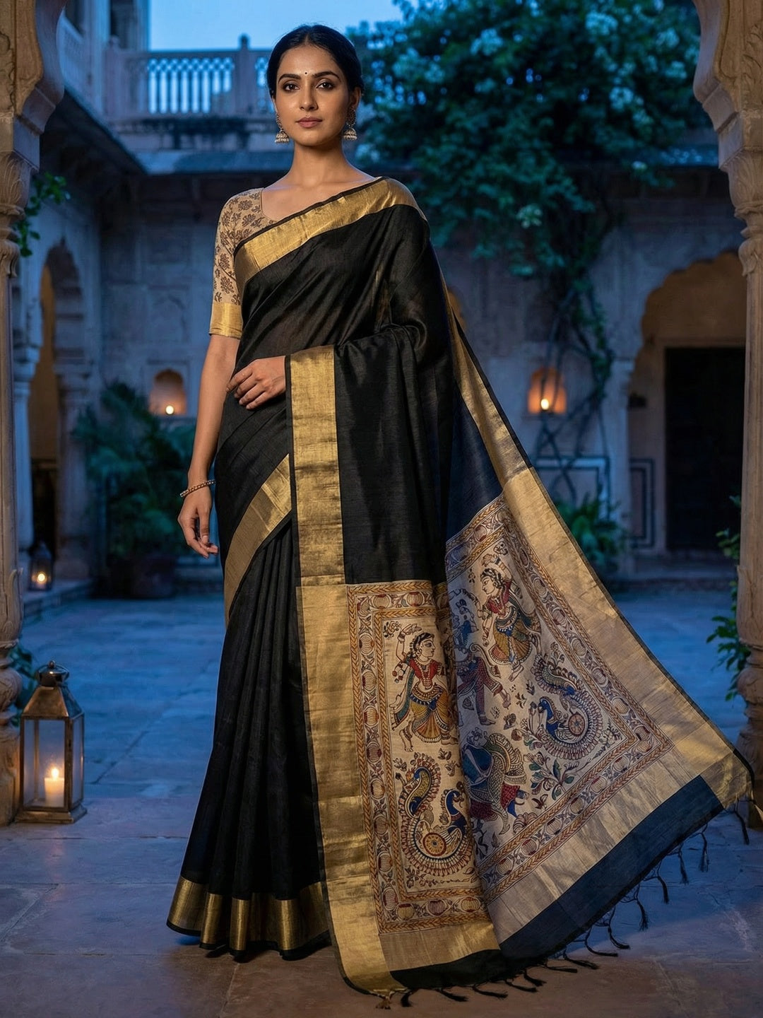 Elegant Black Tussar Silk Saree with Golden Border - Image 1