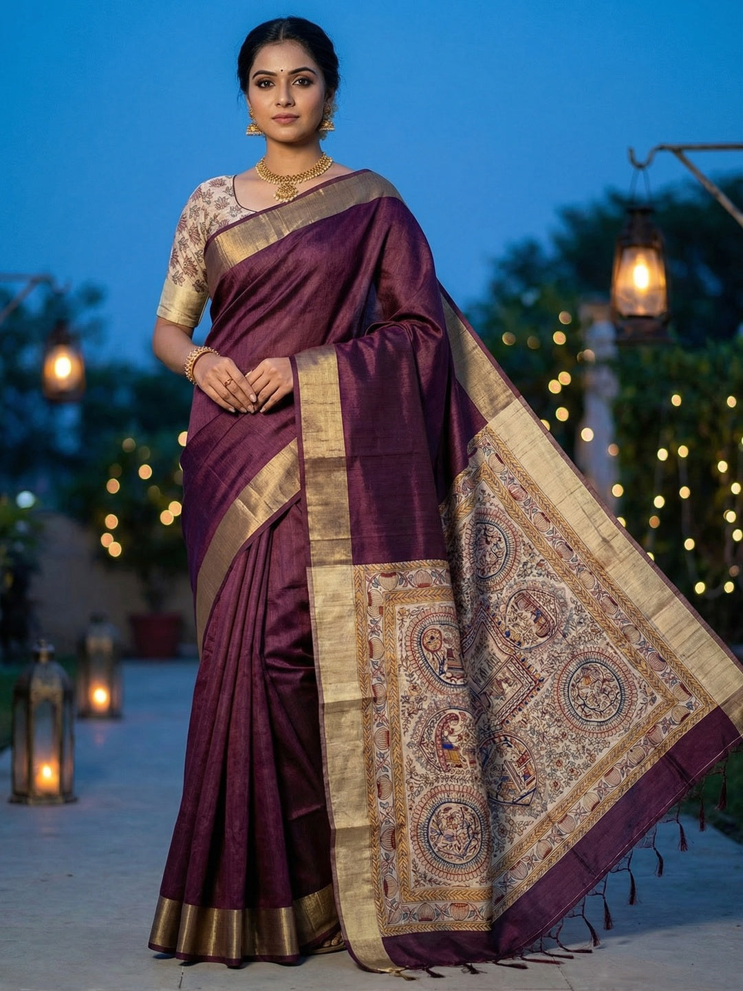 Elegant Wine Tussar Silk Saree with Golden Border - Image 1