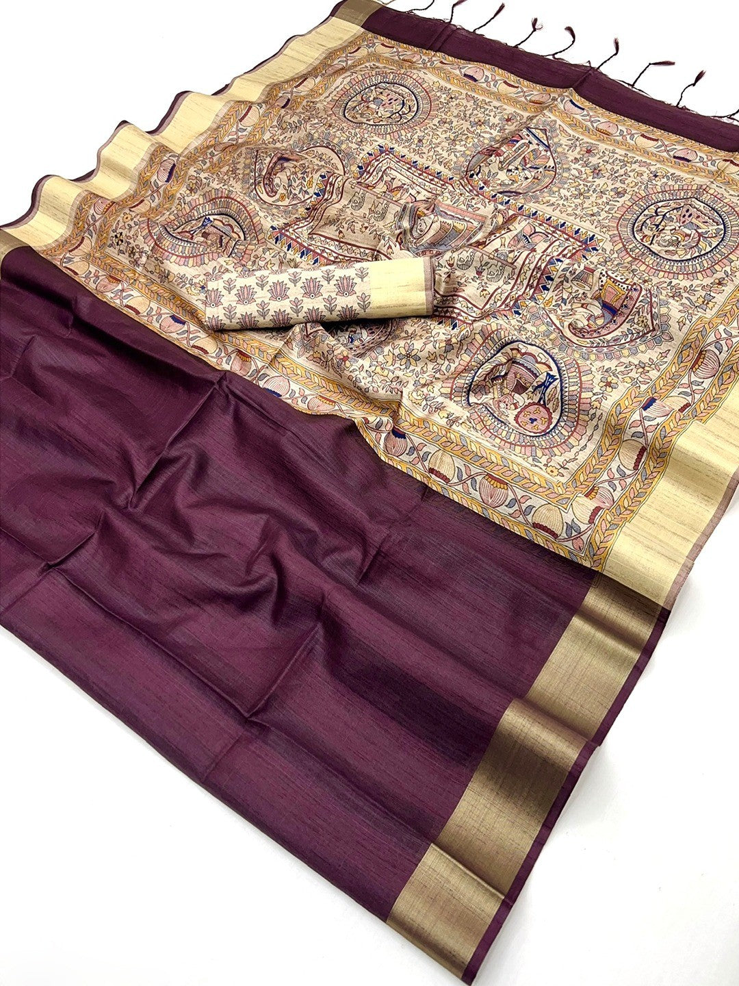 Elegant Wine Tussar Silk Saree with Golden Border - Image 2