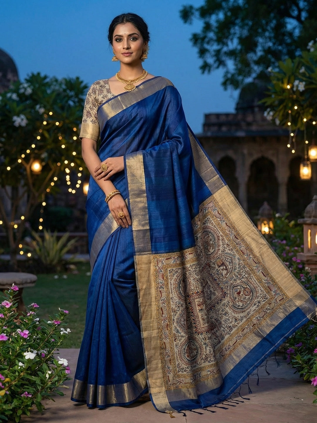 Elegant Blue Tussar Silk Saree with Golden Border - Image 1