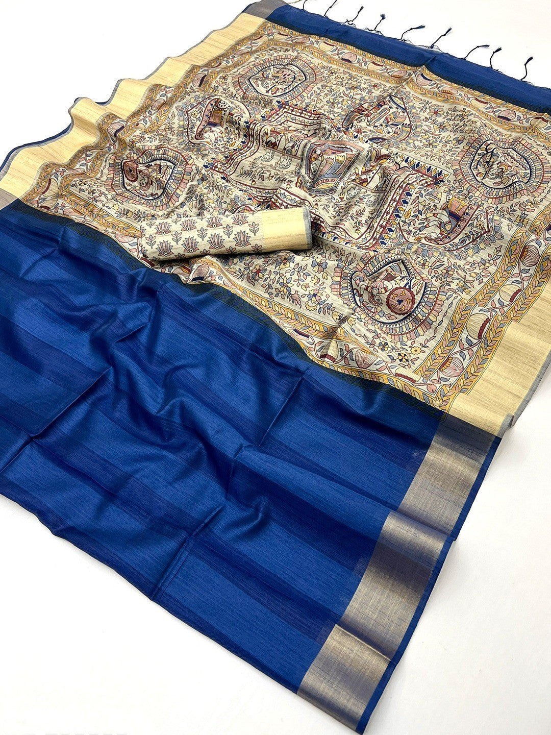Elegant Blue Tussar Silk Saree with Golden Border - Image 2