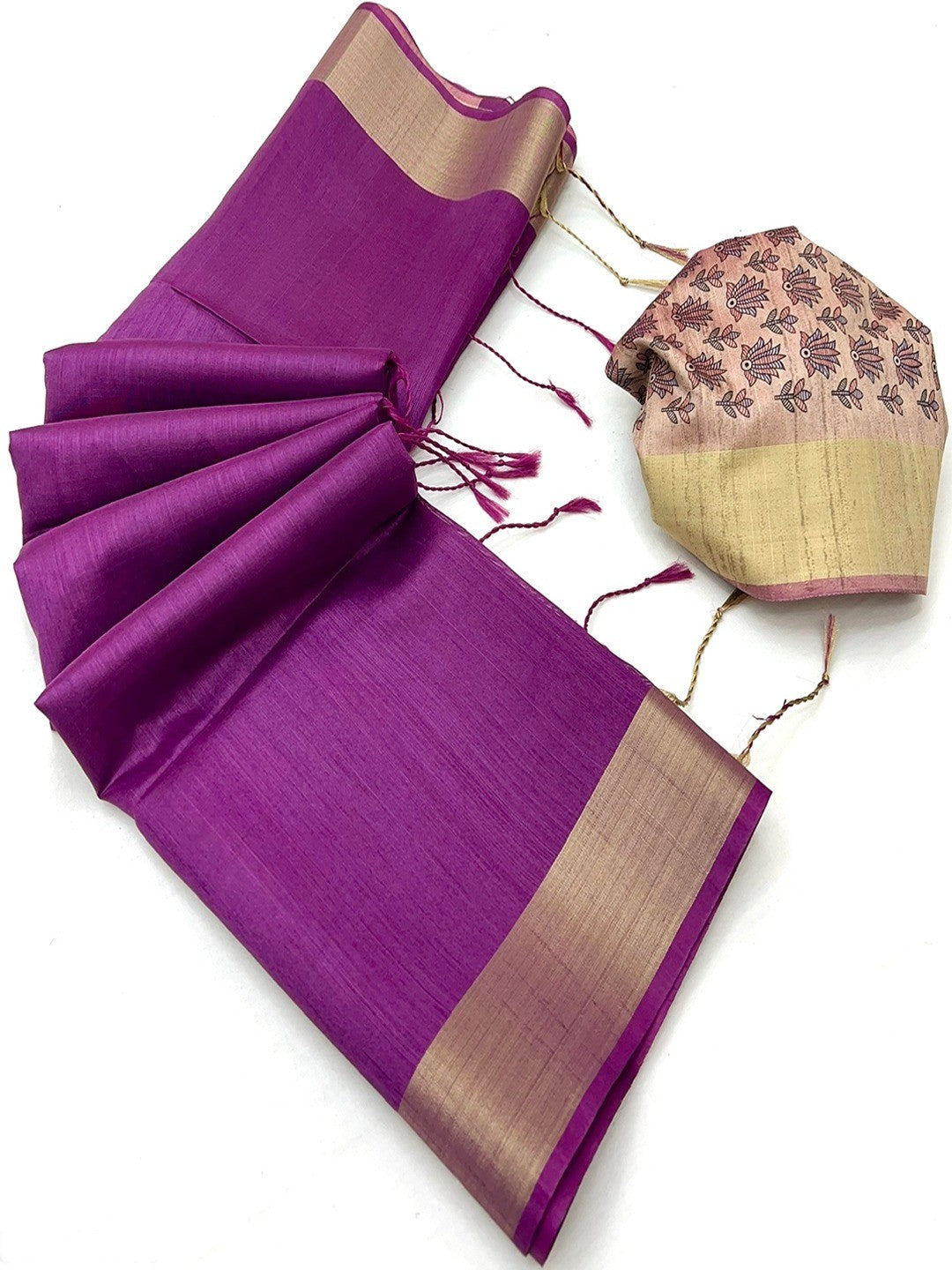 Elegant Purple Tussar Silk Saree with Golden Border - Image 3