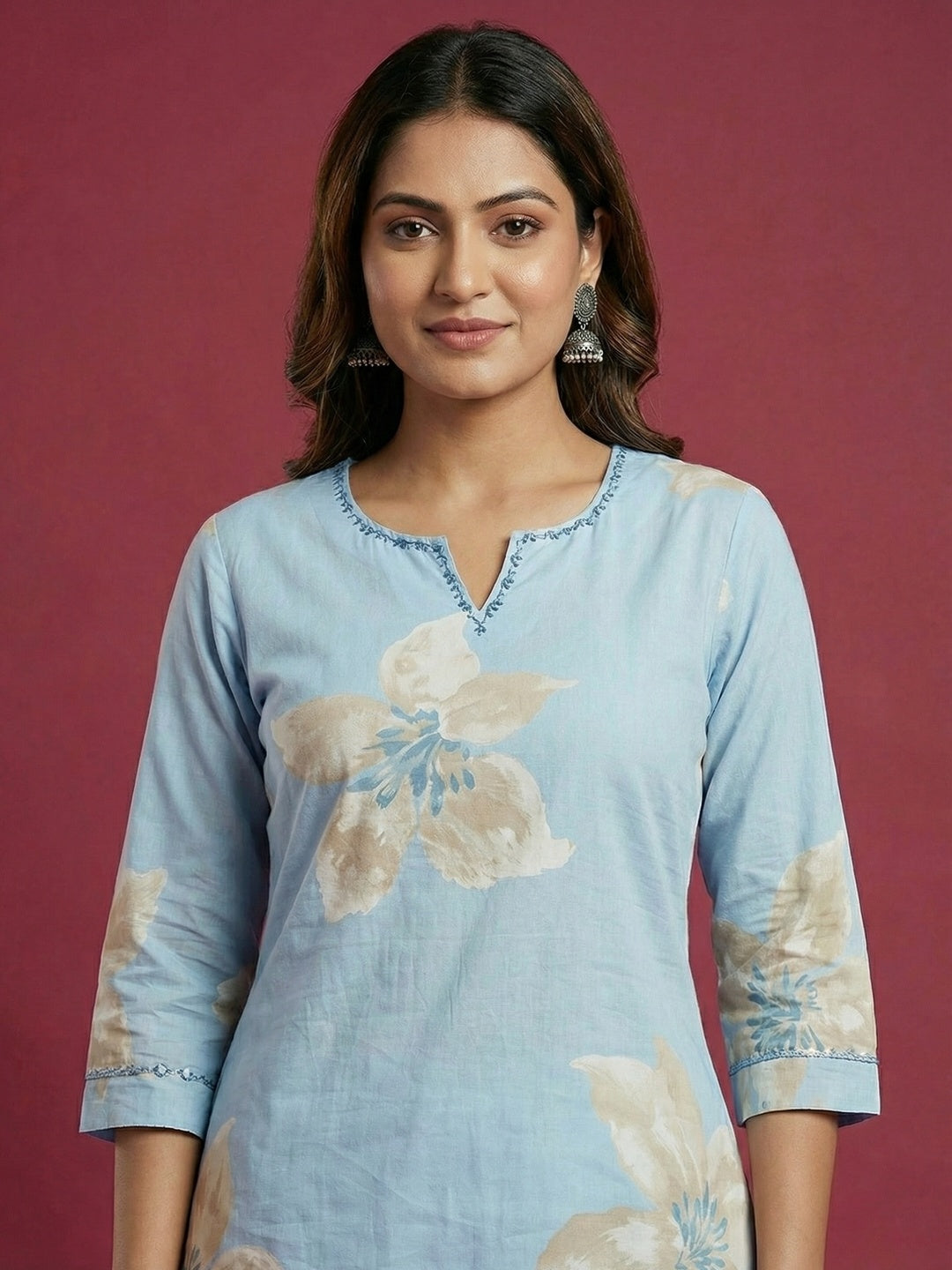 Blue Floral Printed Pure Cotton Co-Ord Set for Casual Ethnic Styling - Image 4