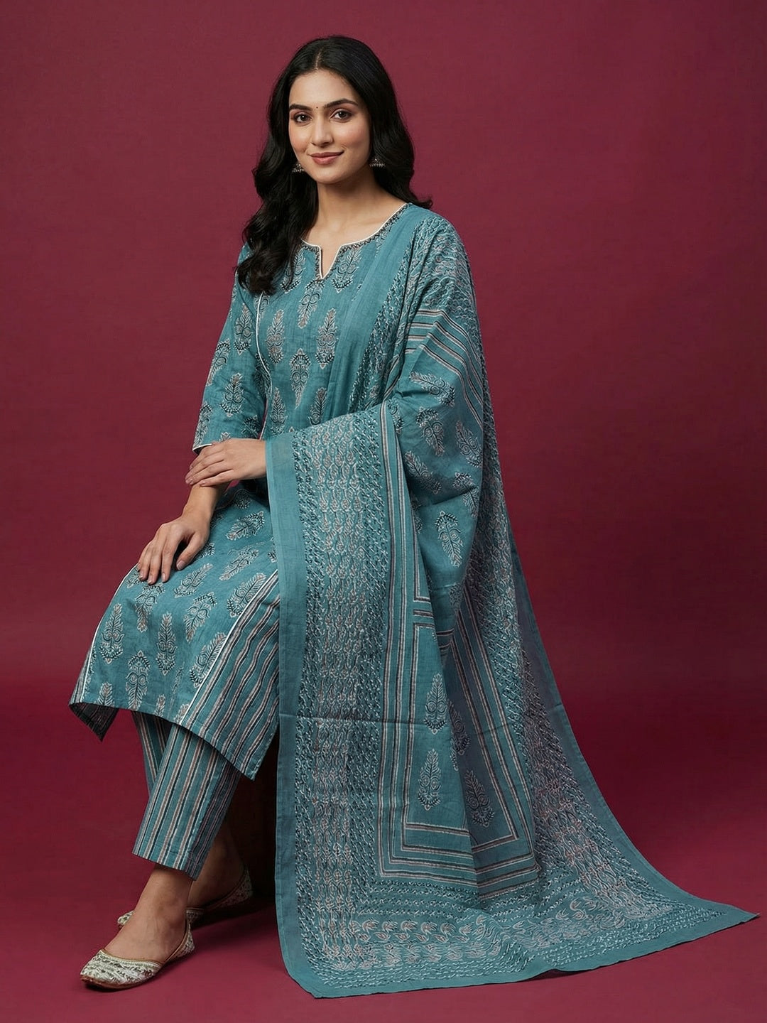 Festive Style Rama Blue Printed Pure Cotton Kurta Salwar Suit for Special Occasions - Image 2