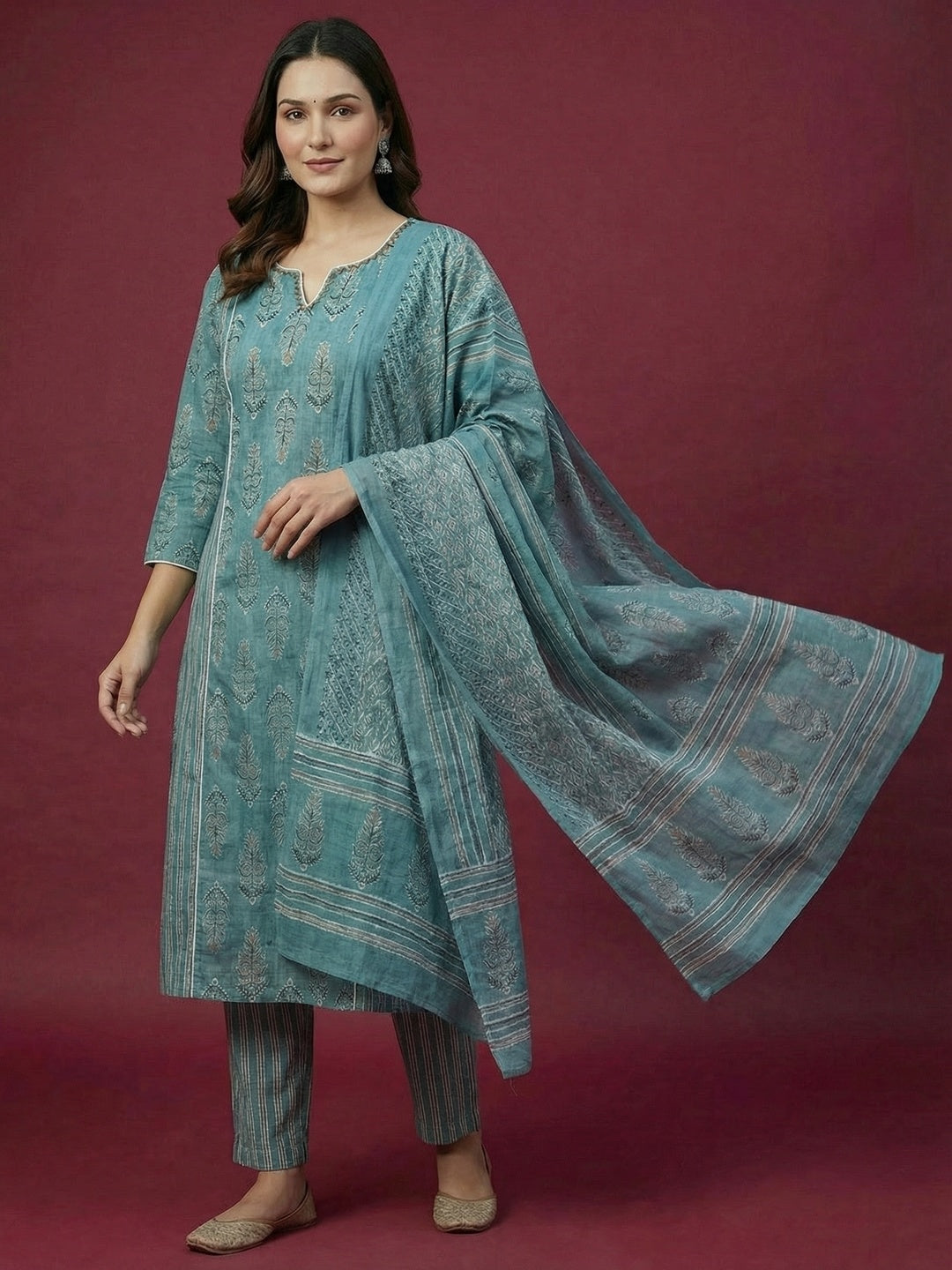 Festive Style Rama Blue Printed Pure Cotton Kurta Salwar Suit for Special Occasions - Image 1