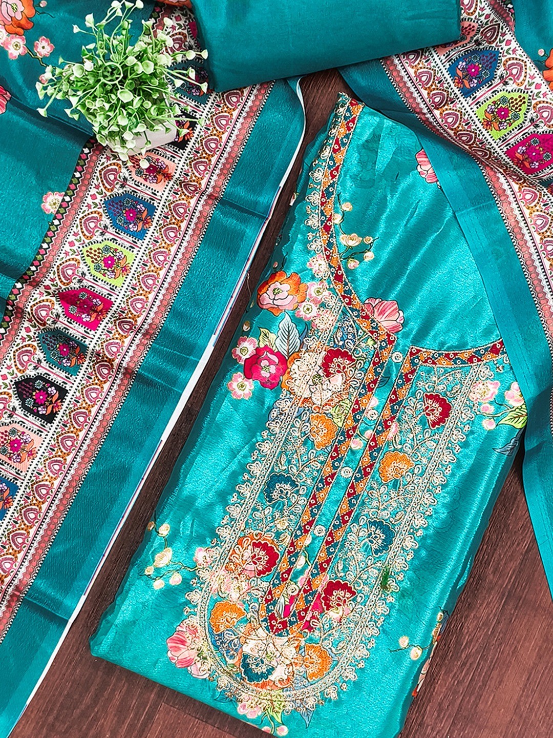 Teal Floral Digital Printed Chinon Dress Material Designed for Chic Ethnic Styling - Image 5