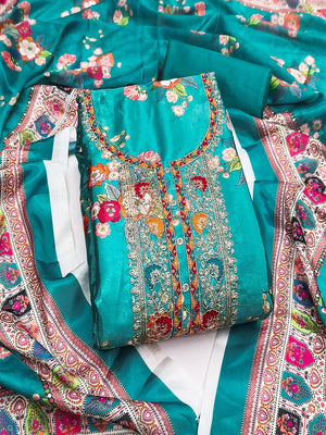 Teal Floral Digital Printed Chinon Dress Material Designed for Chic Ethnic Styling - Image 4