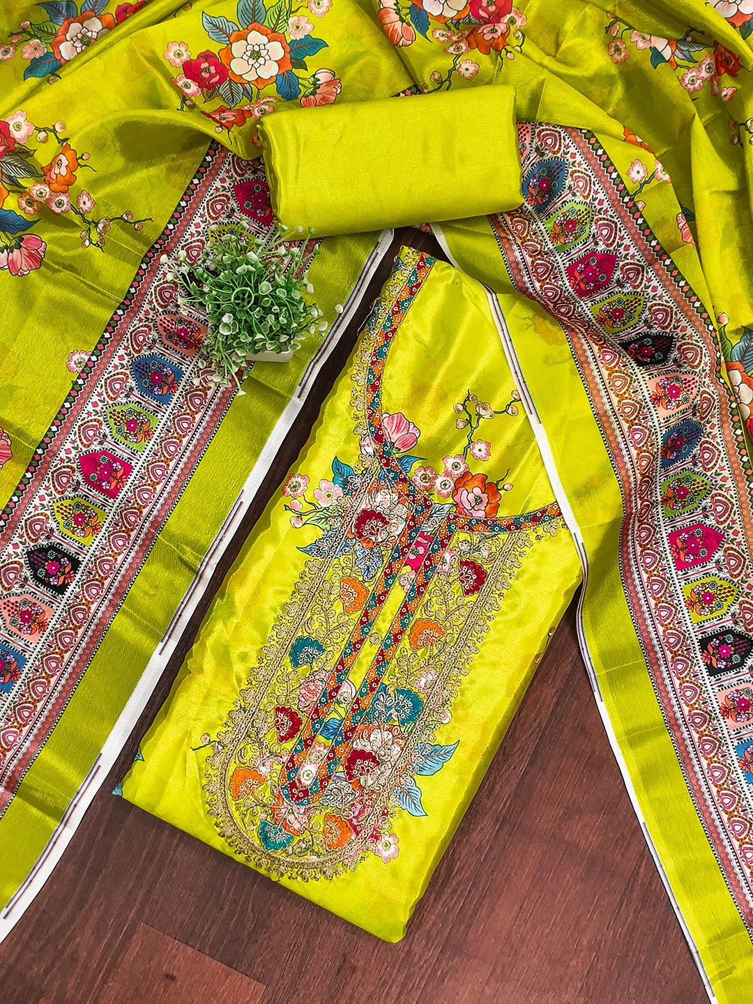 Green Floral Digital Printed Chinon Dress Material Designed for Chic Ethnic Styling - Image 1