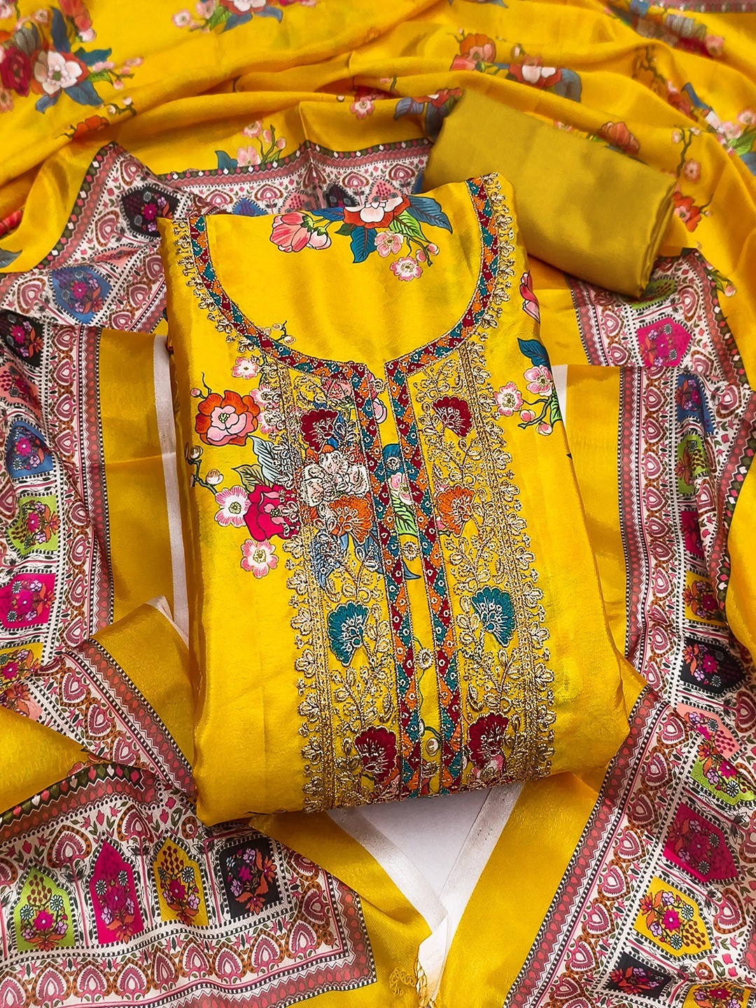 Mustard Floral Digital Printed Chinon Dress Material Designed for Chic Ethnic Styling - Image 4