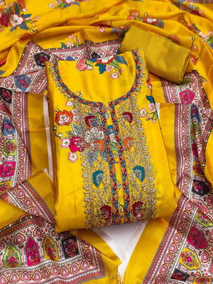 Mustard Floral Digital Printed Chinon Dress Material Designed for Chic Ethnic Styling - Image 4