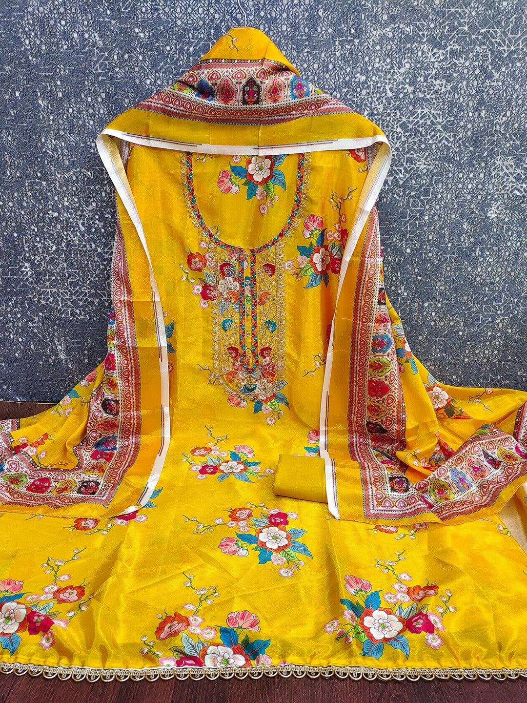 Mustard Floral Digital Printed Chinon Dress Material Designed for Chic Ethnic Styling - Image 3