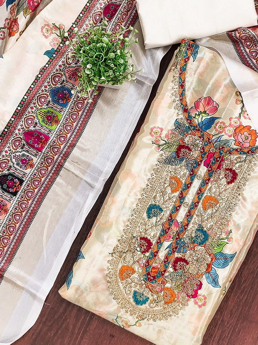 Cream Floral Digital Printed Chinon Dress Material Designed for Chic Ethnic Styling - Image 5