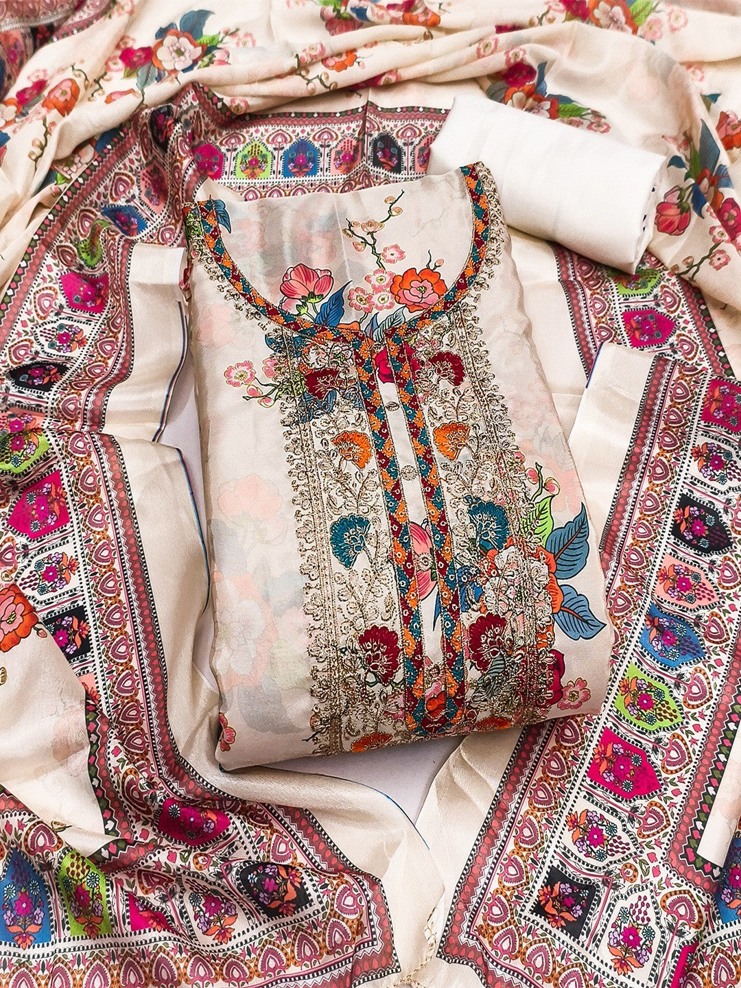 Cream Floral Digital Printed Chinon Dress Material Designed for Chic Ethnic Styling - Image 4