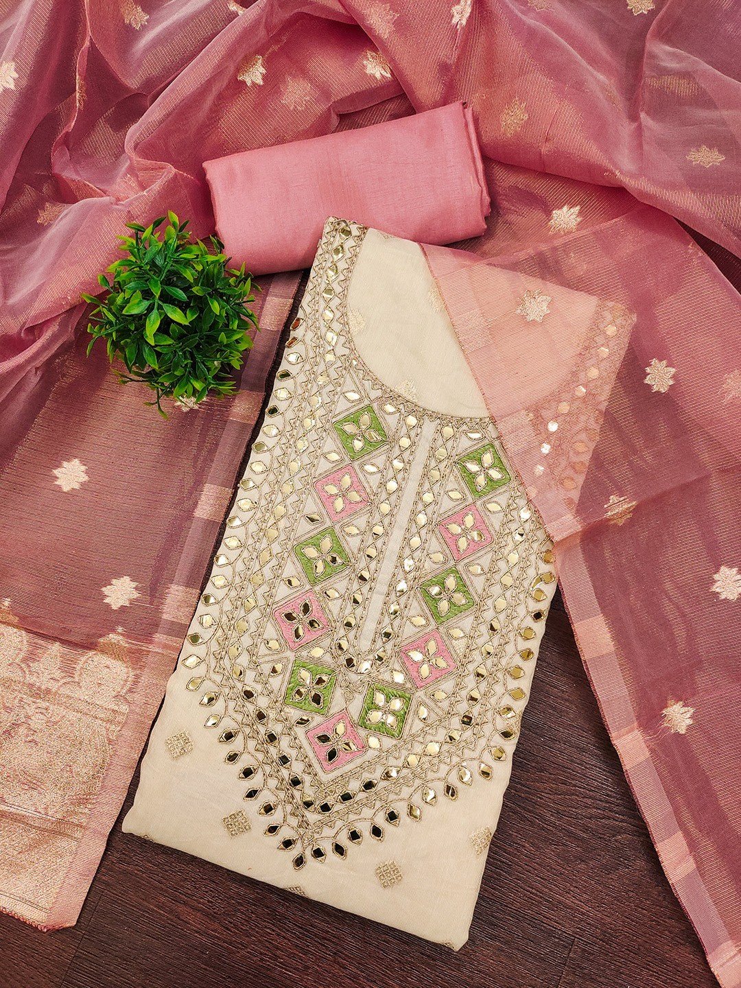 Cream & Peach Jacquard Dress Material Adorned with Classic Butti Weaving Work - Image 1