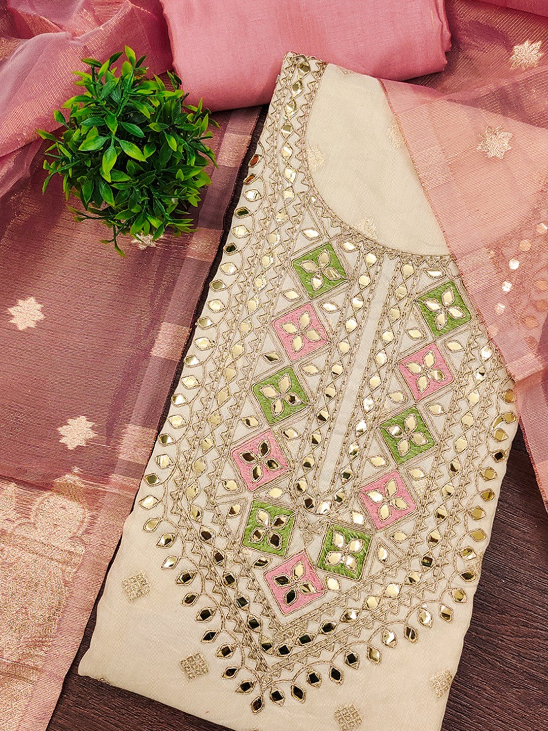Cream & Peach Jacquard Dress Material Adorned with Classic Butti Weaving Work - Image 5