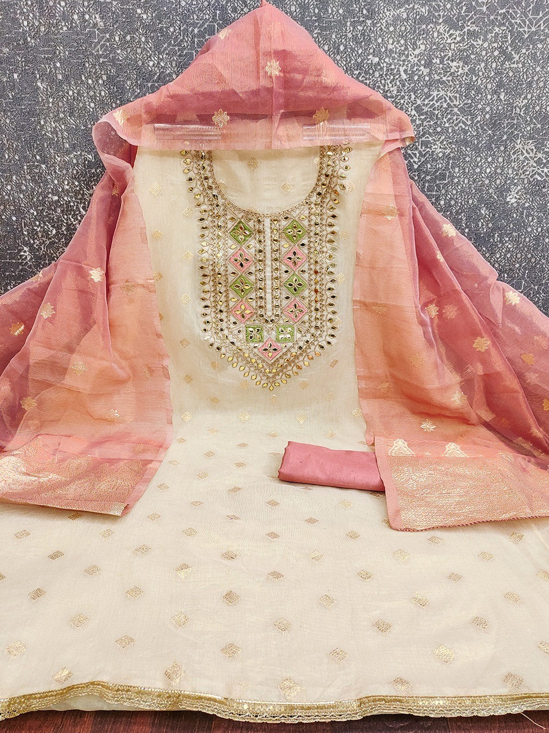 Cream & Peach Jacquard Dress Material Adorned with Classic Butti Weaving Work - Image 3