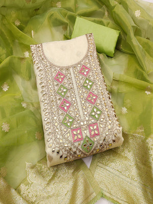 Cream & Green Jacquard Dress Material Adorned with Classic Butti Weaving Work - Image 4