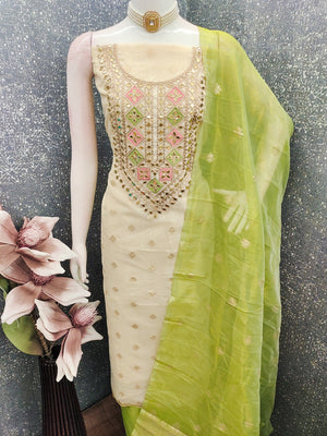 Cream & Green Jacquard Dress Material Adorned with Classic Butti Weaving Work - Image 2