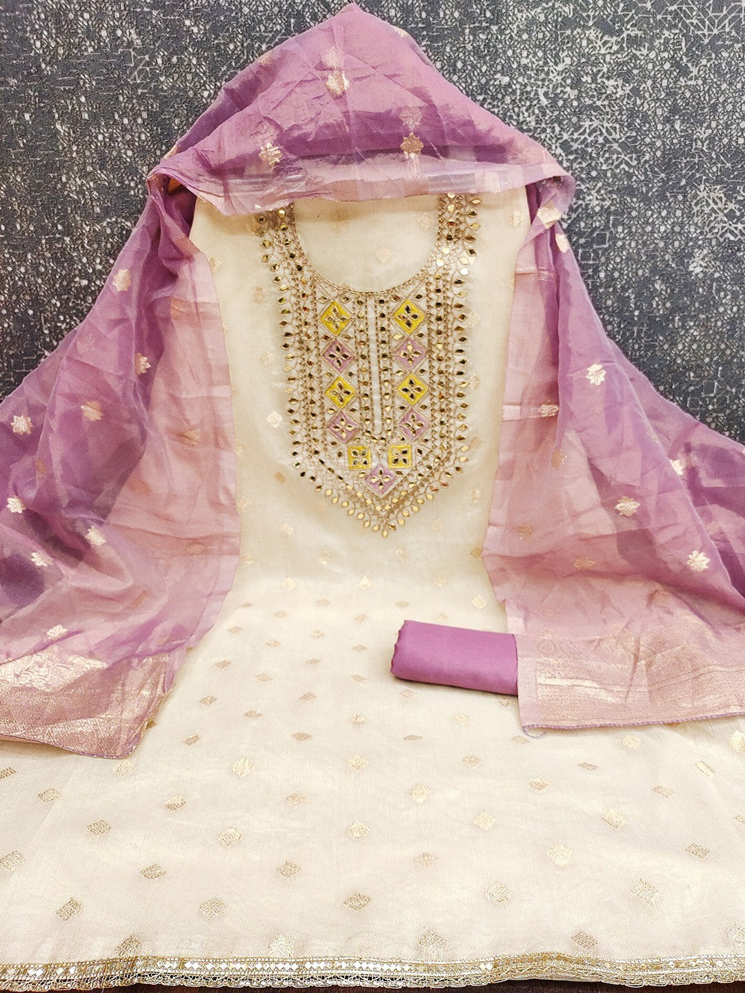 Cream & Purple Jacquard Dress Material Adorned with Classic Butti Weaving Work - Image 3