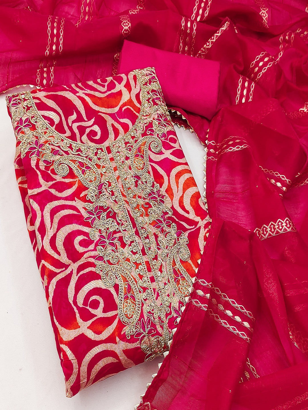 Pink Printed Art Silk Fabric Set Enhanced with Fine Embroidered Detailing - Image 3