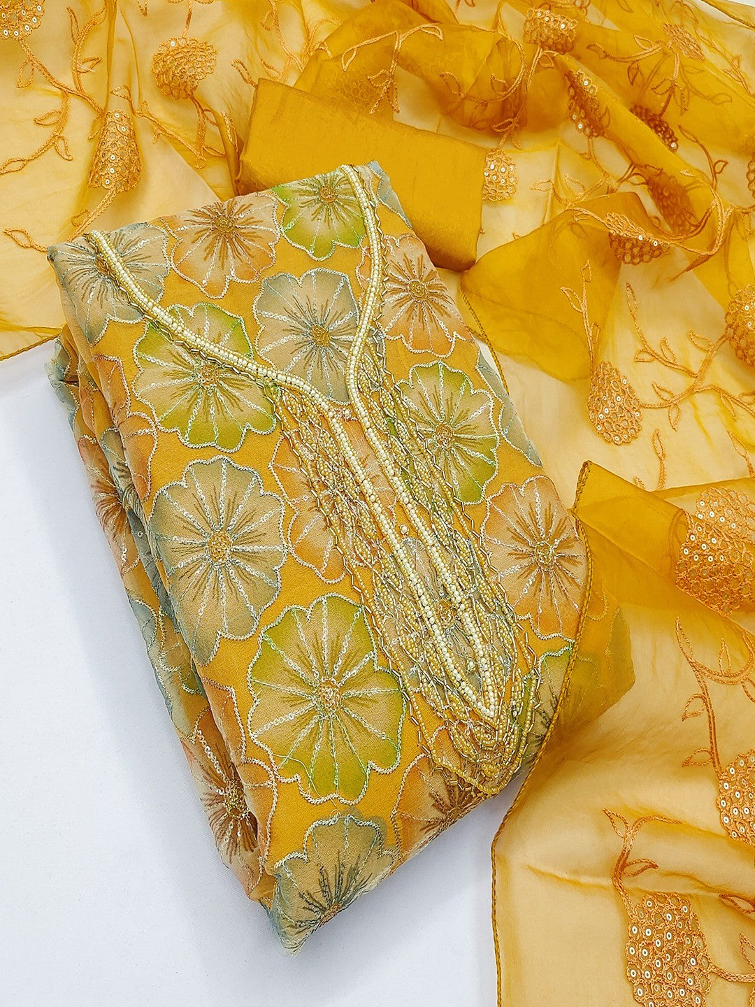 Mustard Embroidered Organza Fabric Set Featuring Intricate Beads Work Detailing - Image 3
