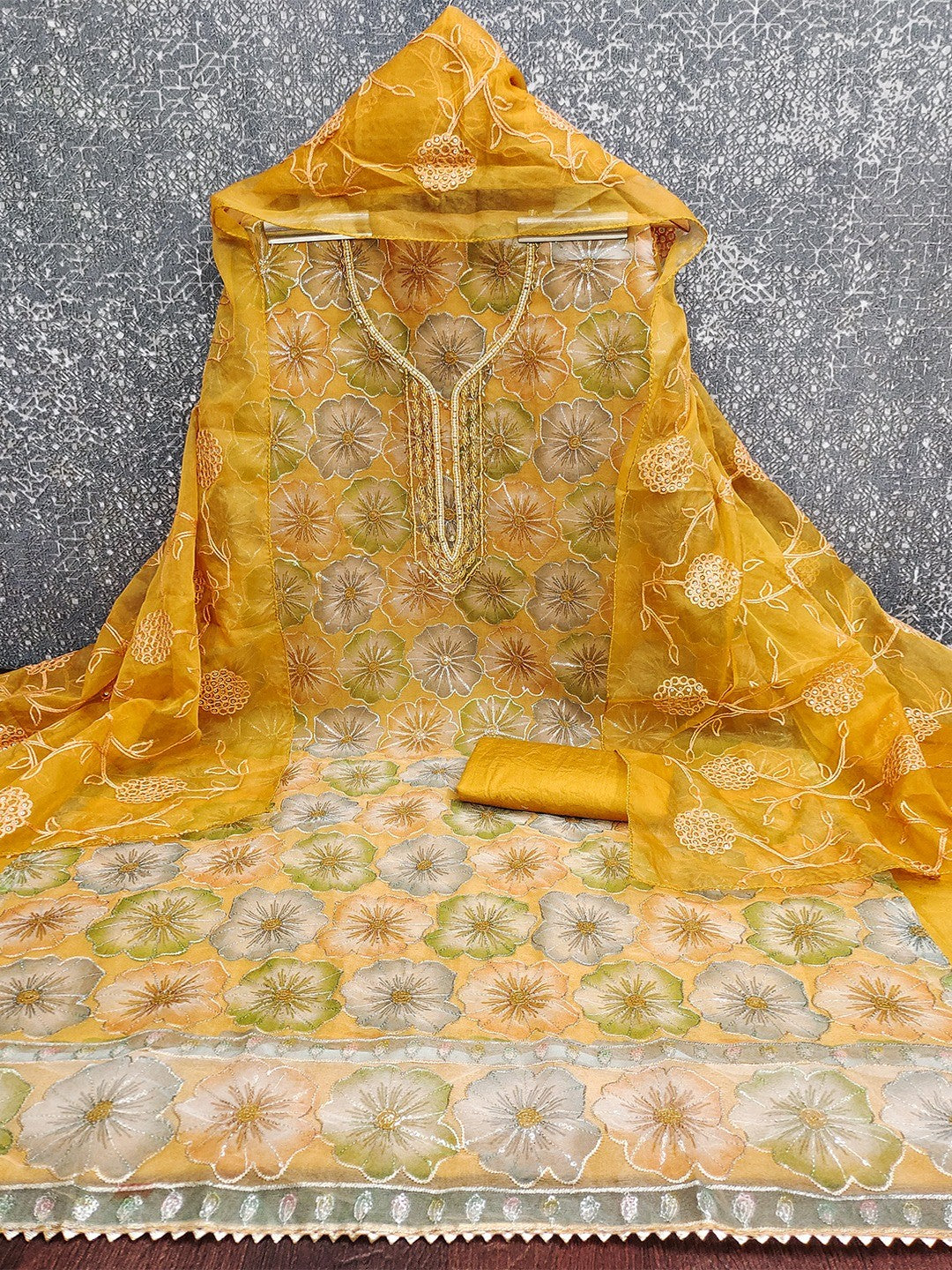 Mustard Embroidered Organza Fabric Set Featuring Intricate Beads Work Detailing - Image 2