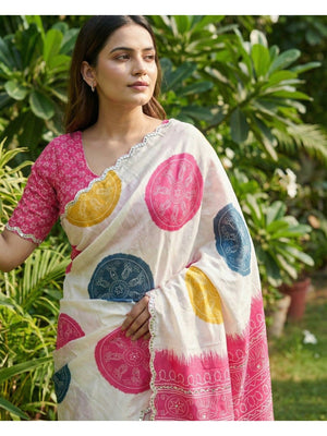 Contemporary White Chinon Saree with Playful Colorful Circle Print Detailing - Image 2