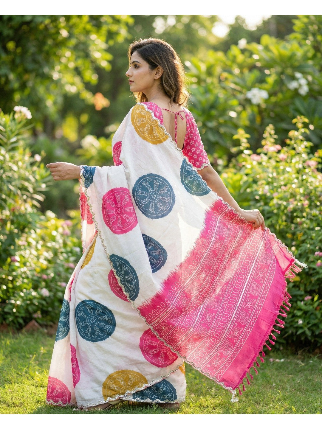 Contemporary White Chinon Saree with Playful Colorful Circle Print Detailing - Image 3