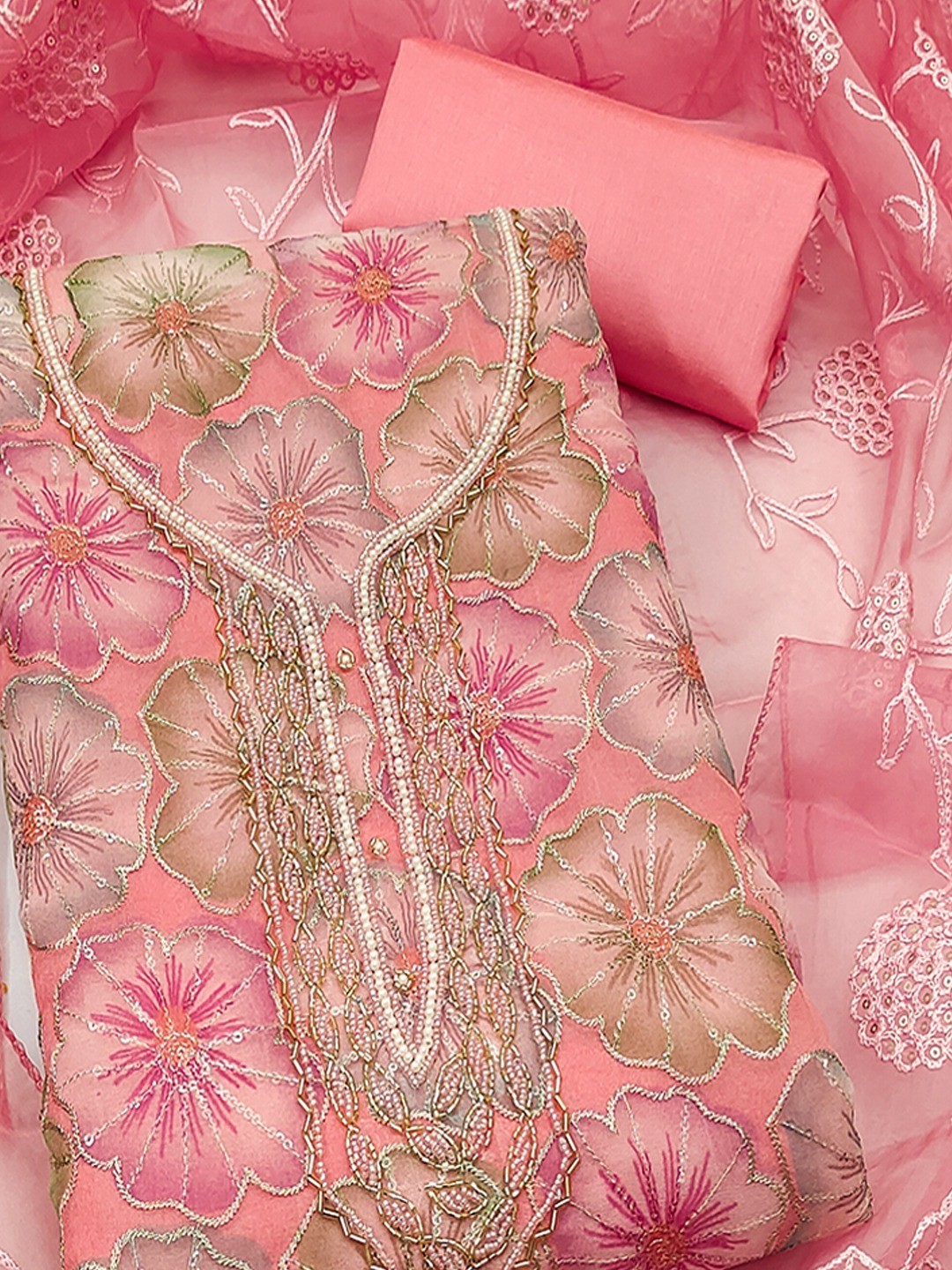 Peach Embroidered Organza Fabric Set Featuring Intricate Beads Work Detailing - Image 4