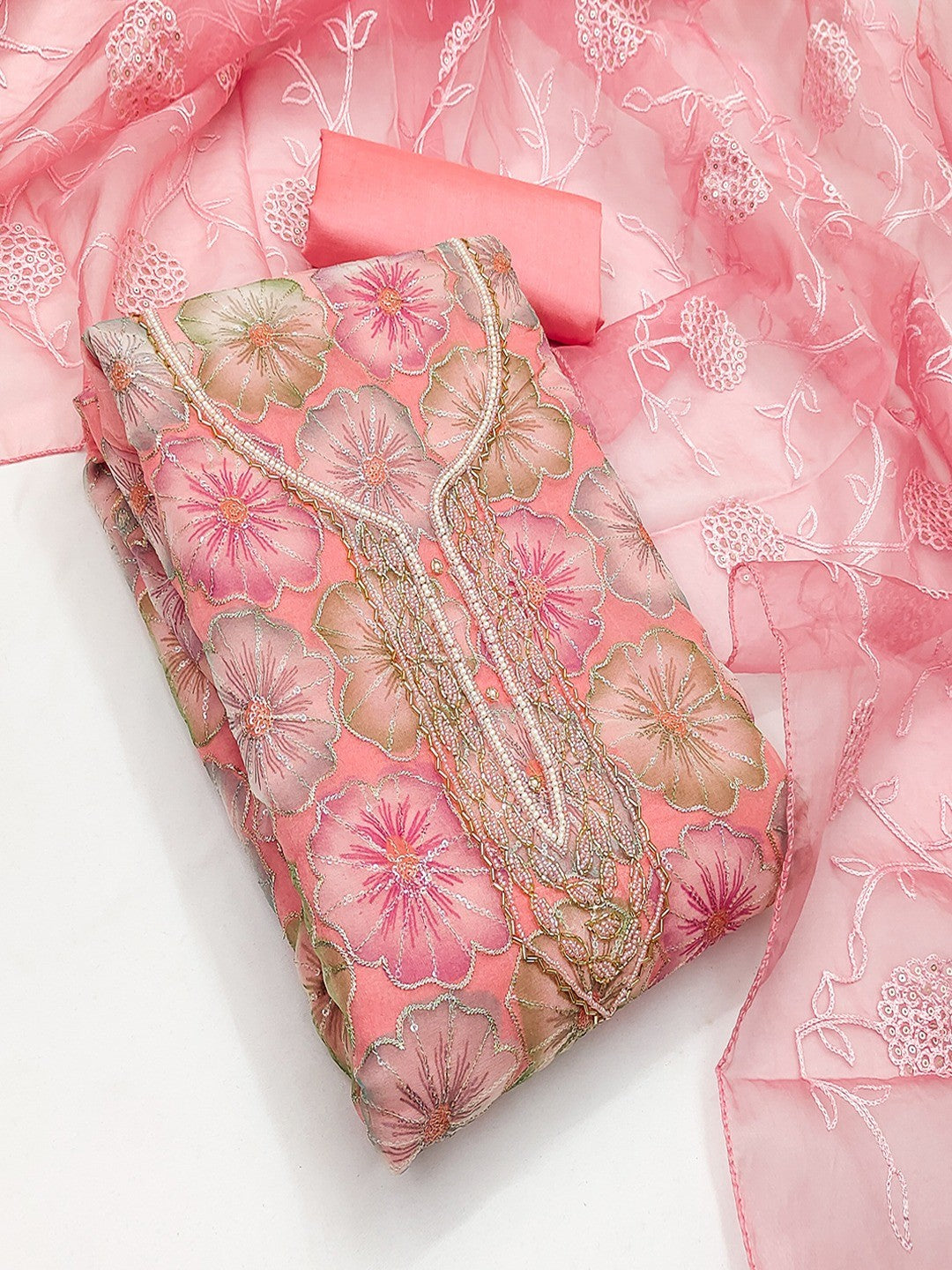 Peach Embroidered Organza Fabric Set Featuring Intricate Beads Work Detailing - Image 3