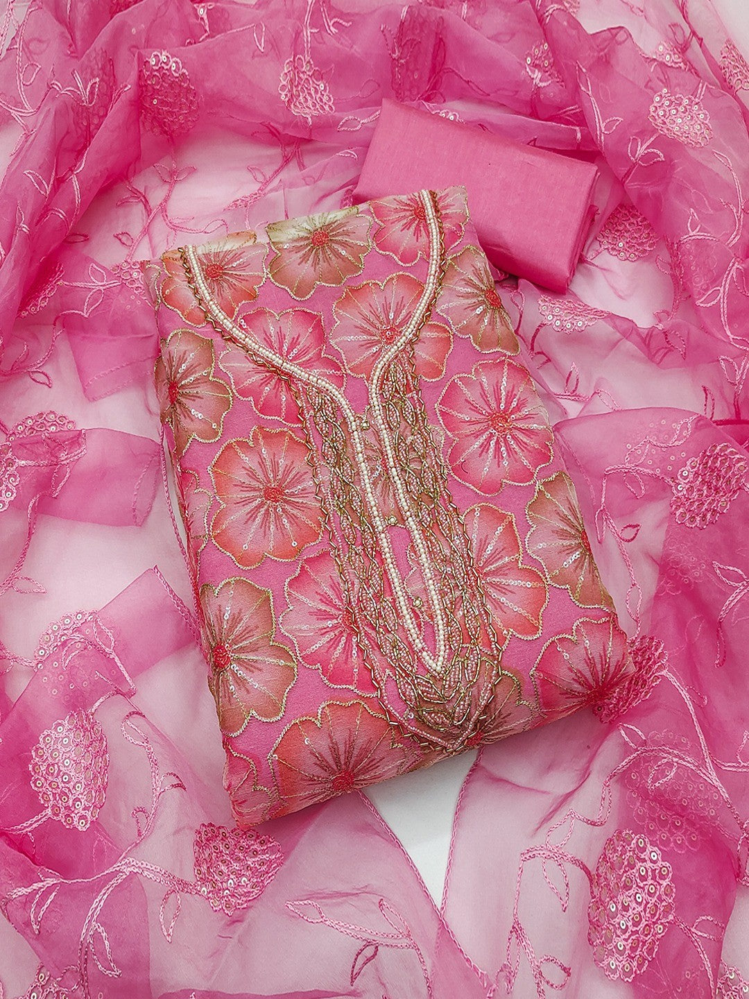 Pink Embroidered Organza Fabric Set Featuring Intricate Beads Work Detailing - Image 1