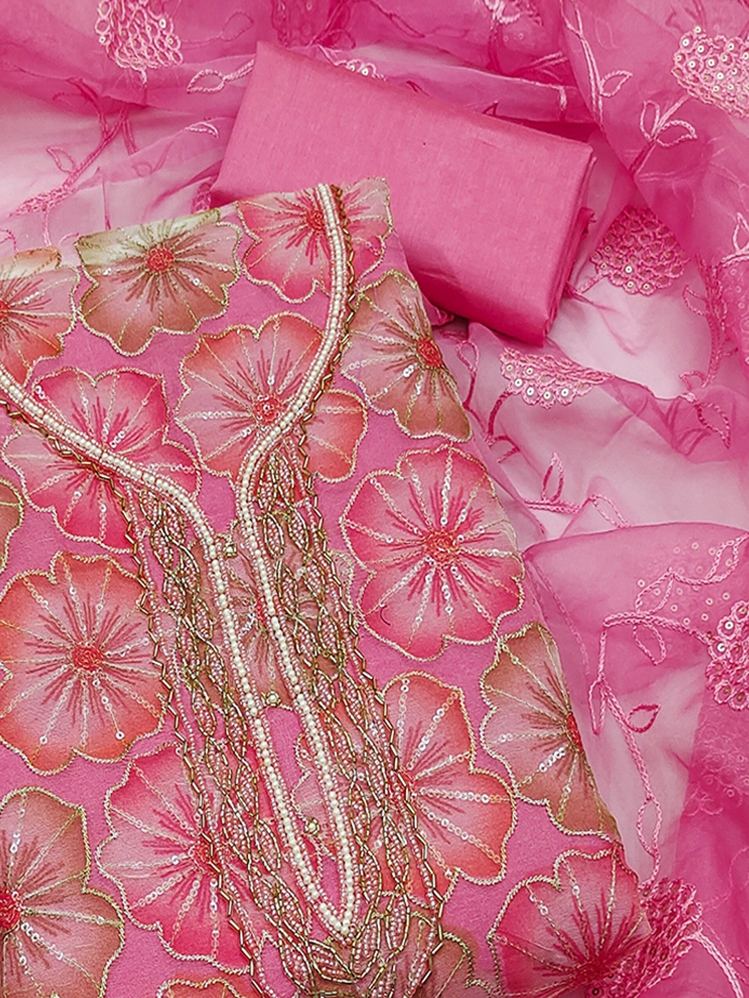 Pink Embroidered Organza Fabric Set Featuring Intricate Beads Work Detailing - Image 4