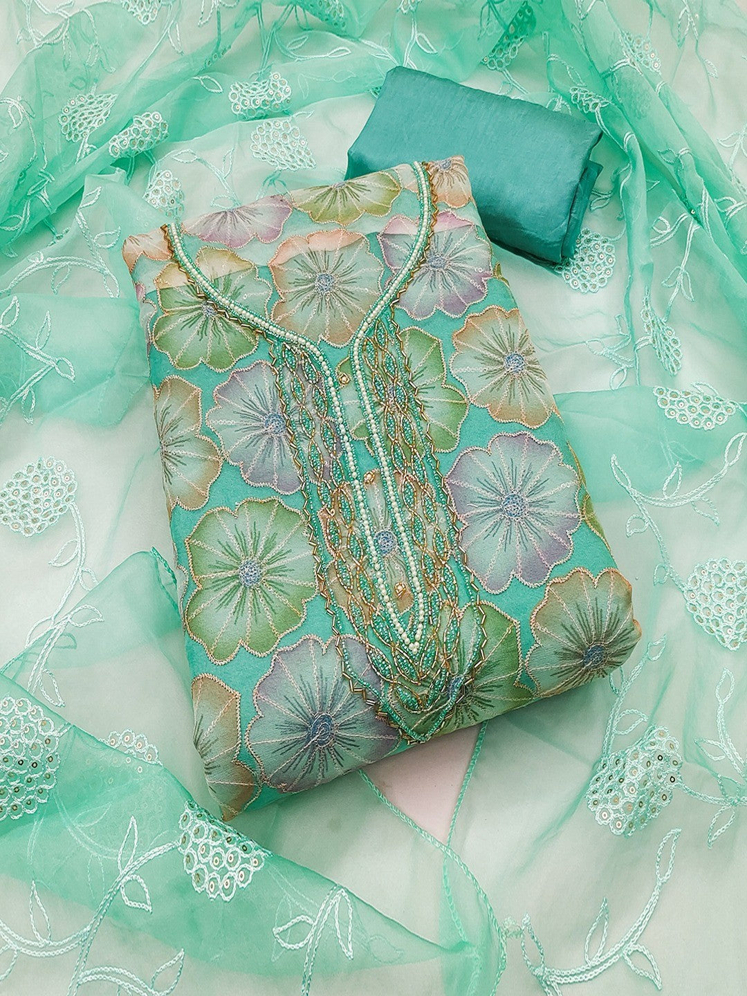 Turquoise Embroidered Organza Fabric Set Featuring Intricate Beads Work Detailing - Image 1