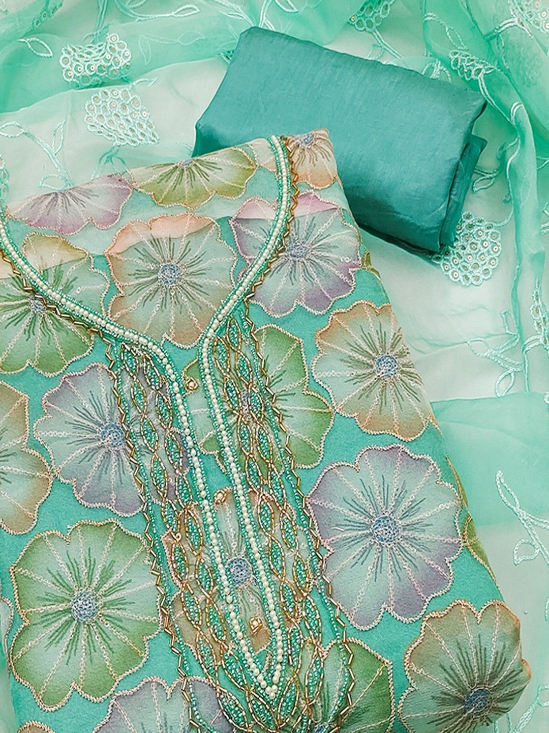 Turquoise Embroidered Organza Fabric Set Featuring Intricate Beads Work Detailing - Image 4