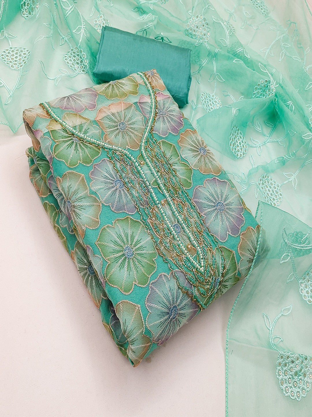 Turquoise Embroidered Organza Fabric Set Featuring Intricate Beads Work Detailing - Image 3