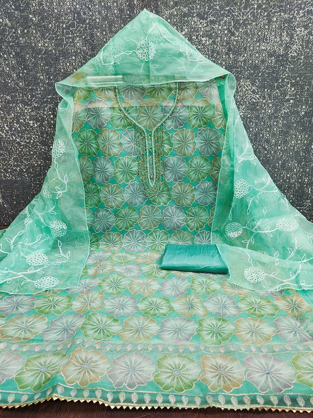 Turquoise Embroidered Organza Fabric Set Featuring Intricate Beads Work Detailing - Image 2